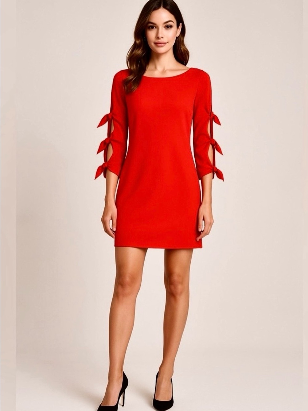 Vince Camuto Red Midi Dress with Bow-Sleeve Cutouts tags removed fashion show